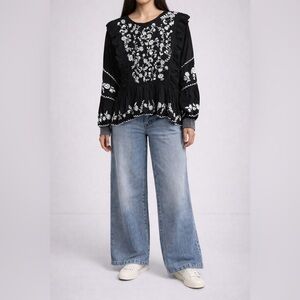 Anthropologie- Bailey 44 Black Blouse with White Embroidery